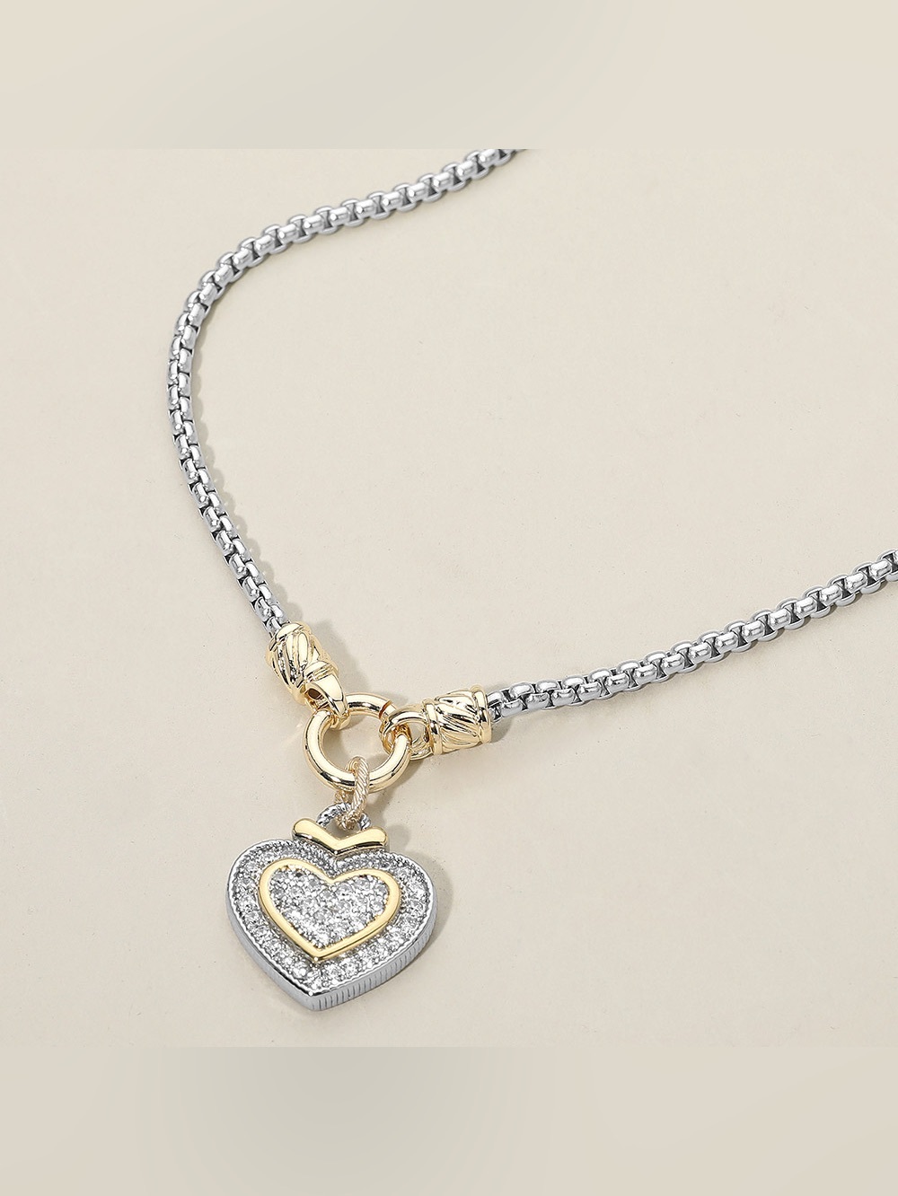 14K Gold Plated Two Tone CZ Stone Paved Heart Pendant Necklace